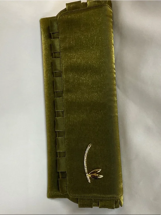 Olive Green Satin Evening Clutch with Chain Strap - Picture 3 of 3